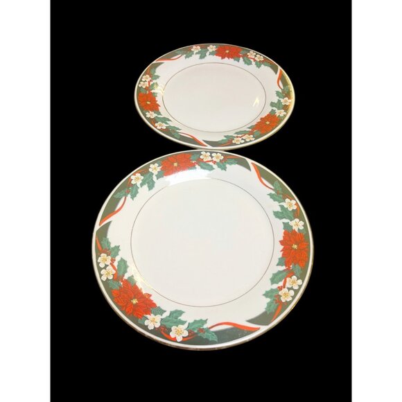 Tienshan Fine China Plates "Deck The Halls" Holiday Set Of 2 Red & Green With Go - Picture 3 of 4